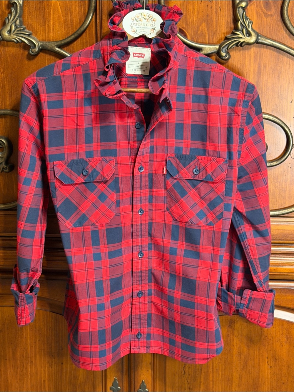 Upcycled Levi's Red Plaid Button-Up Shirt ruffle collar M